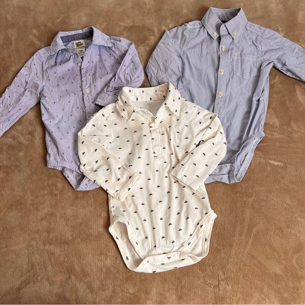 NAUTICAL Blue and White Long Sleeve Collared Button Up Bodysuits – Size 18M